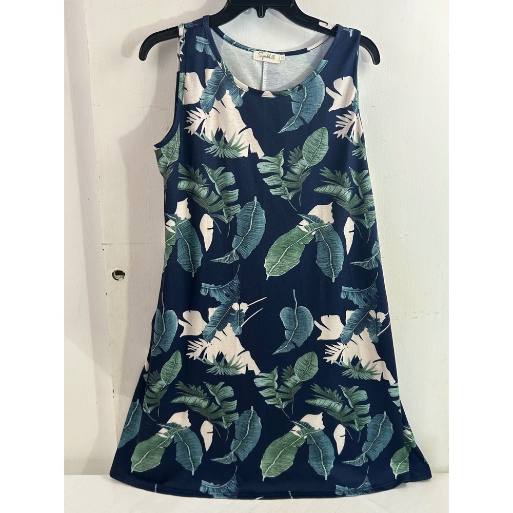 Spadehill Tropical Palm Leaf Dress L Navy Blue Sleeveless Pocket Mini Womens